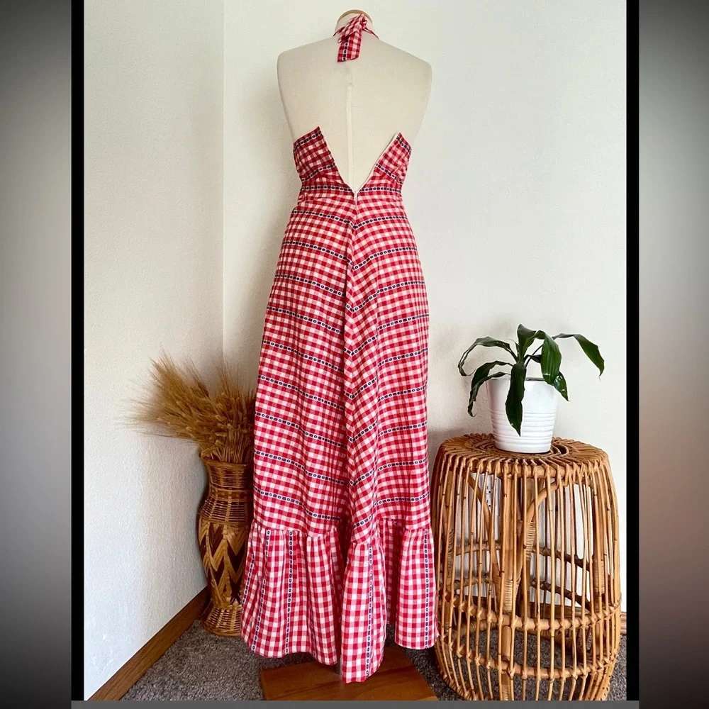 *sold*1970s Vintage LANZ ORIGINALS Red White and Blue Gingham Halter Maxi Dress - Picture 6 of 10